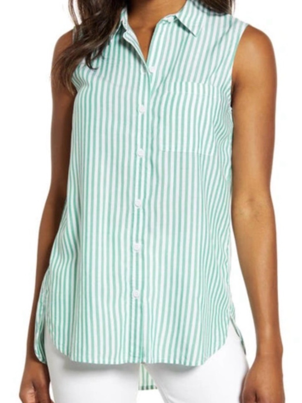 $50 Nordstrom Beach Lunch Lounge Sleeveless Mint Stripe Button-Front Top M